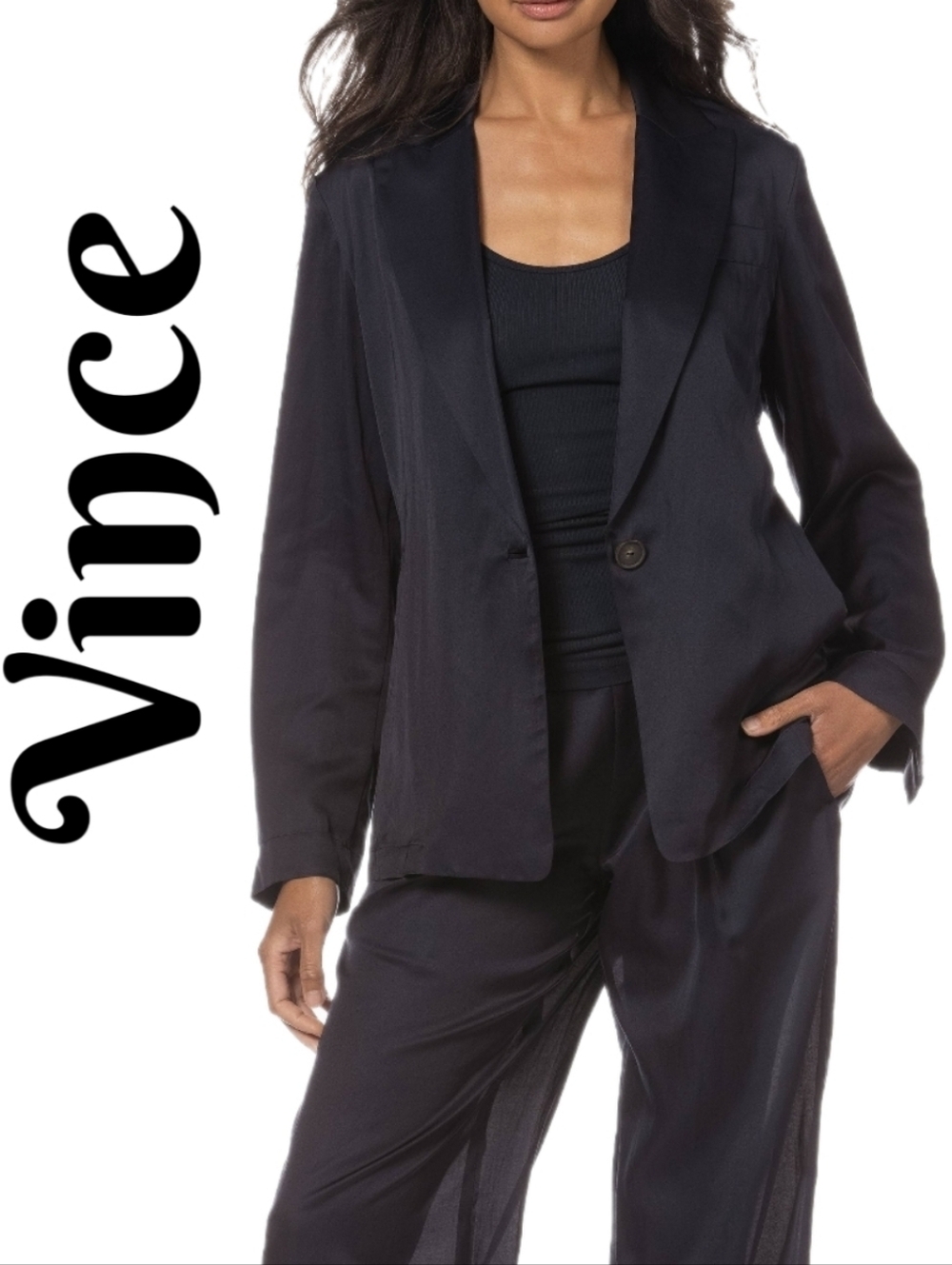 Vince Womens Drapey Blazer Sz Large Silk & Cotton Blend One Button The Dark Blue